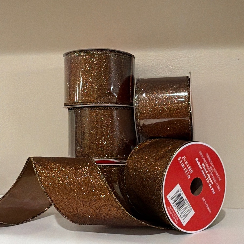 Bundle of 5 Brown & Gold Wire Ribbon